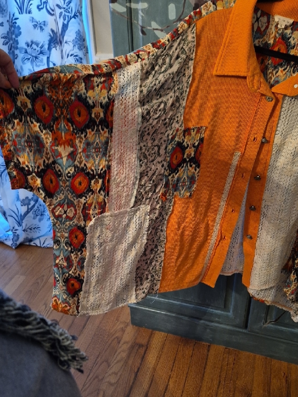 POL Patchwork Button-Down Shirt in Orange, Cream, Multicolor Floral - Picture 5 of 5
